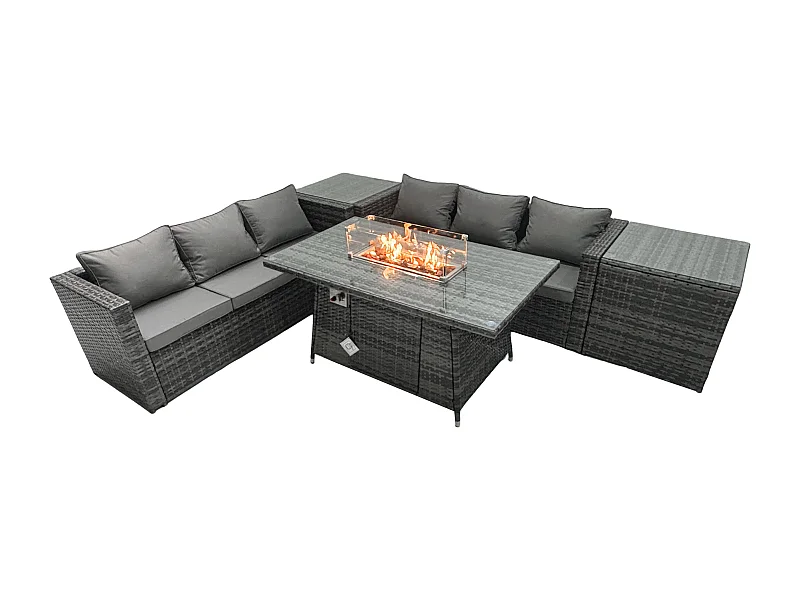 Rattan Gartenmöbel Set 6-Sitzer Garten Sofa Gas Feuertisch Set mit 2 Beistelltischen