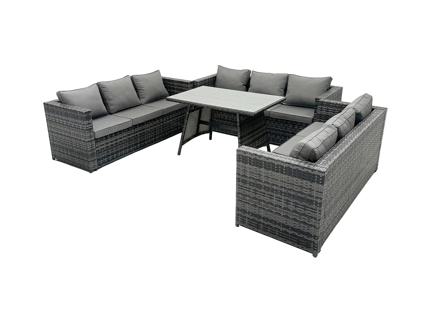 Rattan Gartenmöbel Lounge Sofa Set mit Rechteckiger Esstisch mit Gehärtetes Klarglas