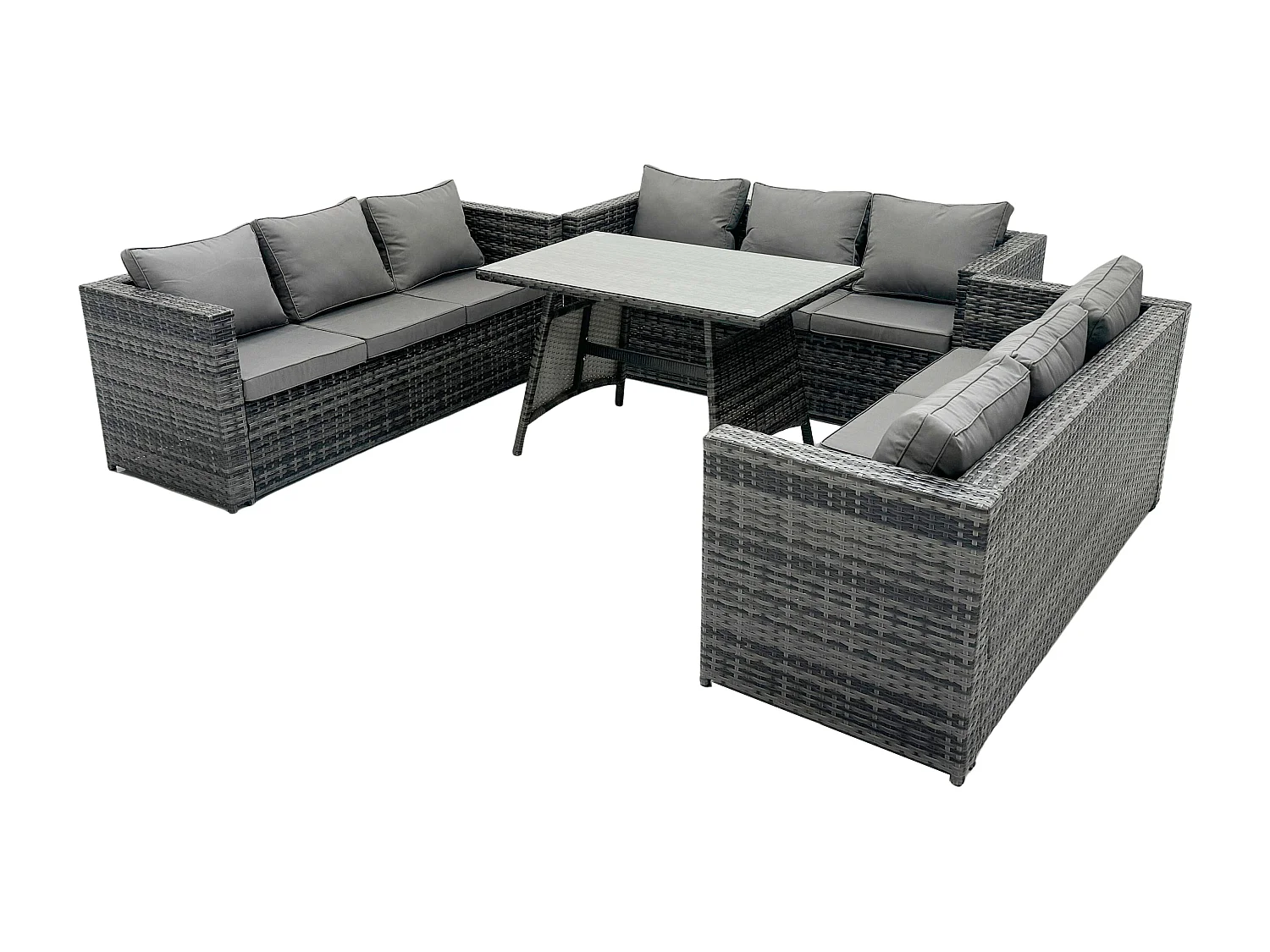 Rattan Gartenmöbel Lounge Sofa Set mit Rechteckiger Esstisch mit Gehärtetes Klarglas