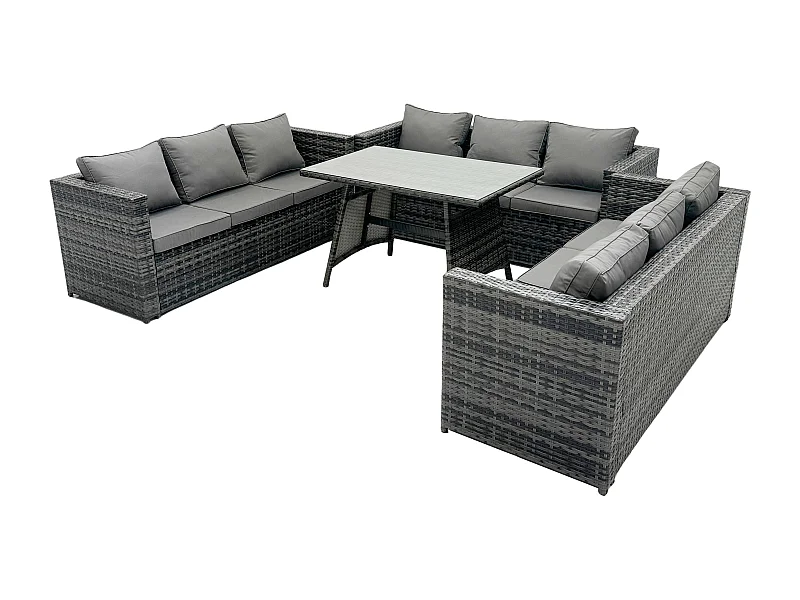 Rattan Gartenmöbel Lounge Sofa Set mit Rechteckiger Esstisch mit Gehärtetes Klarglas
