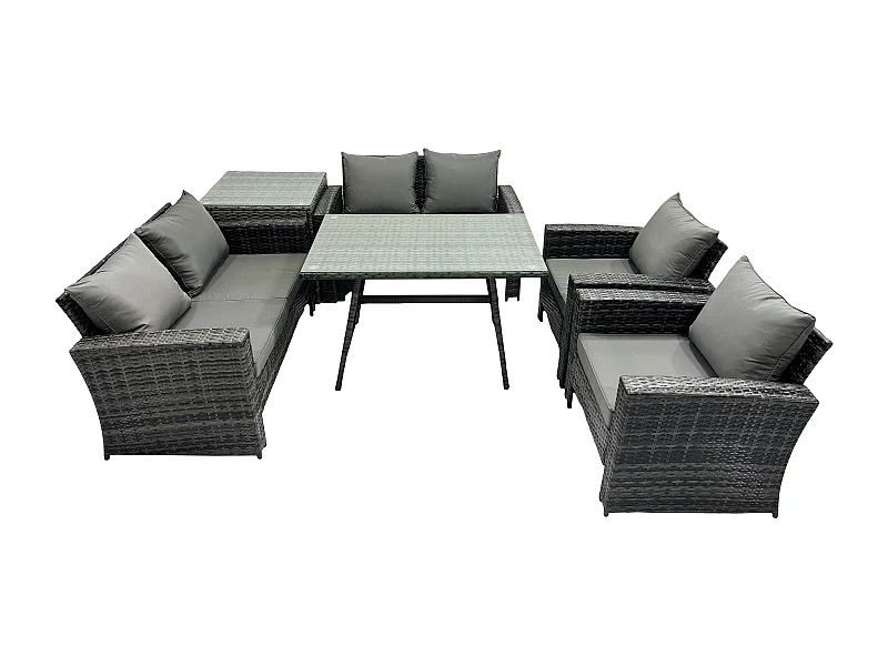 Polyrattan Gartenmöbel Set 6-Sitzer Polyrattan Garten Sofa im Freien Set mit Rechteckiger Esstisch Loveseat Sofa Beistelltisch Dunkelgrau Gemischt