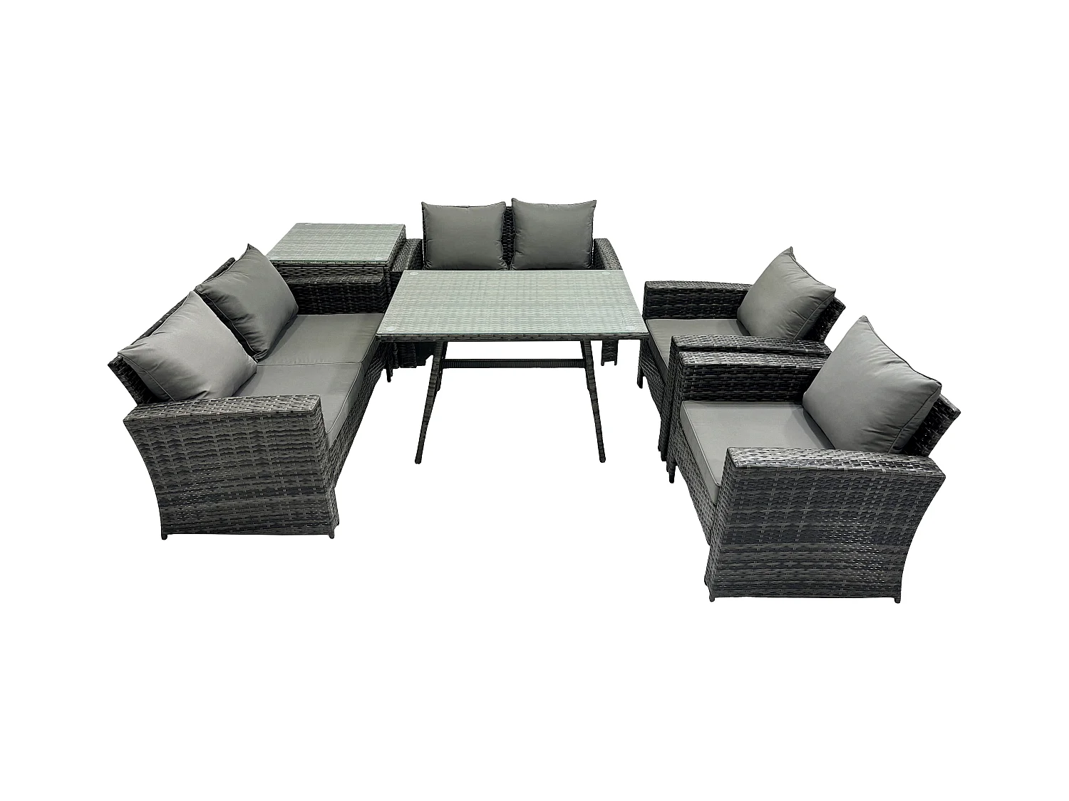 Polyrattan Gartenmöbel Set 6-Sitzer Polyrattan Garten Sofa im Freien Set mit Rechteckiger Esstisch Loveseat Sofa Beistelltisch Dunkelgrau Gemischt