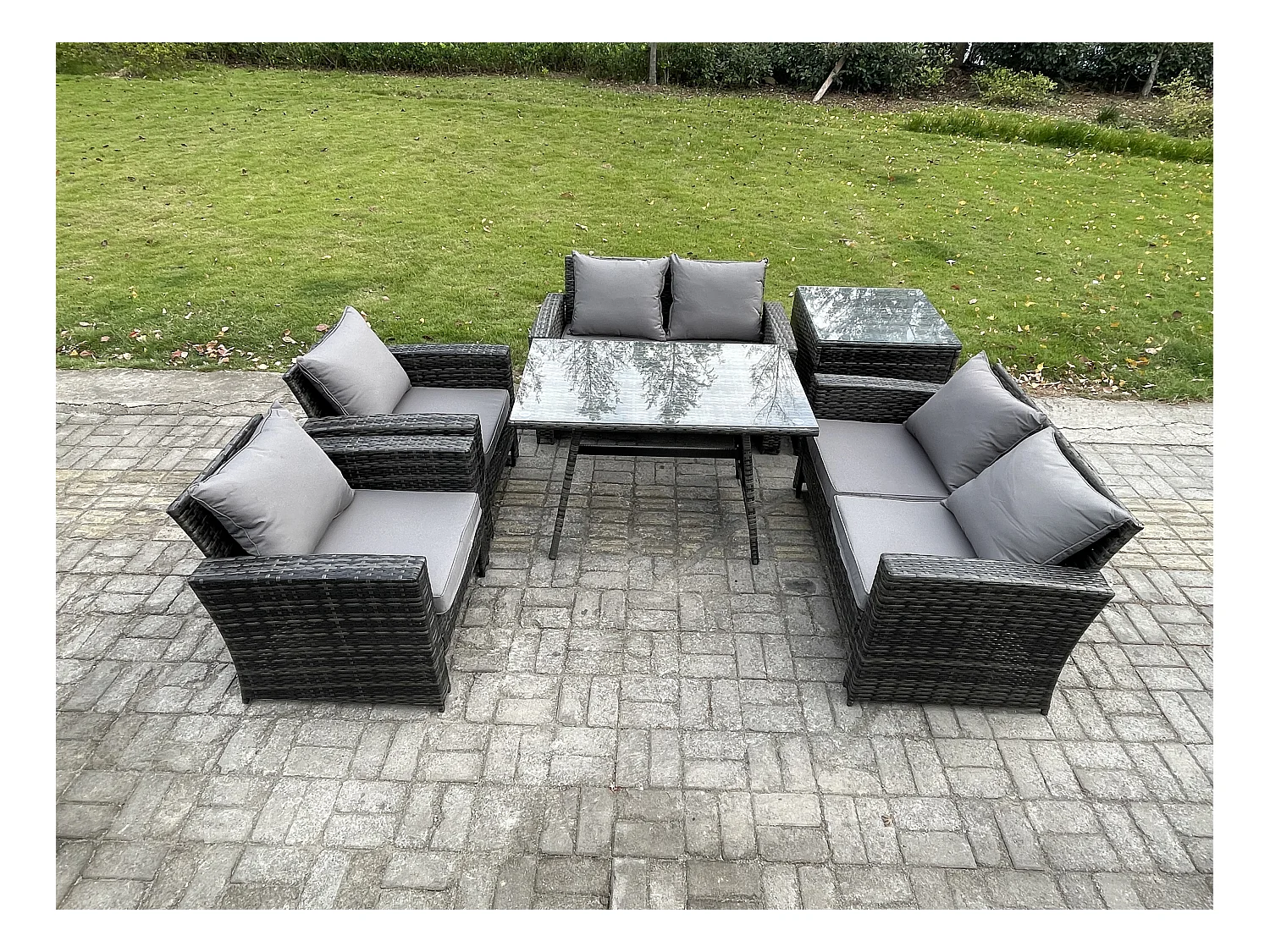 Polyrattan Gartenmöbel Set 6-Sitzer Polyrattan Garten Sofa im Freien Set mit Rechteckiger Esstisch Loveseat Sofa Beistelltisch Dunkelgrau Gemischt