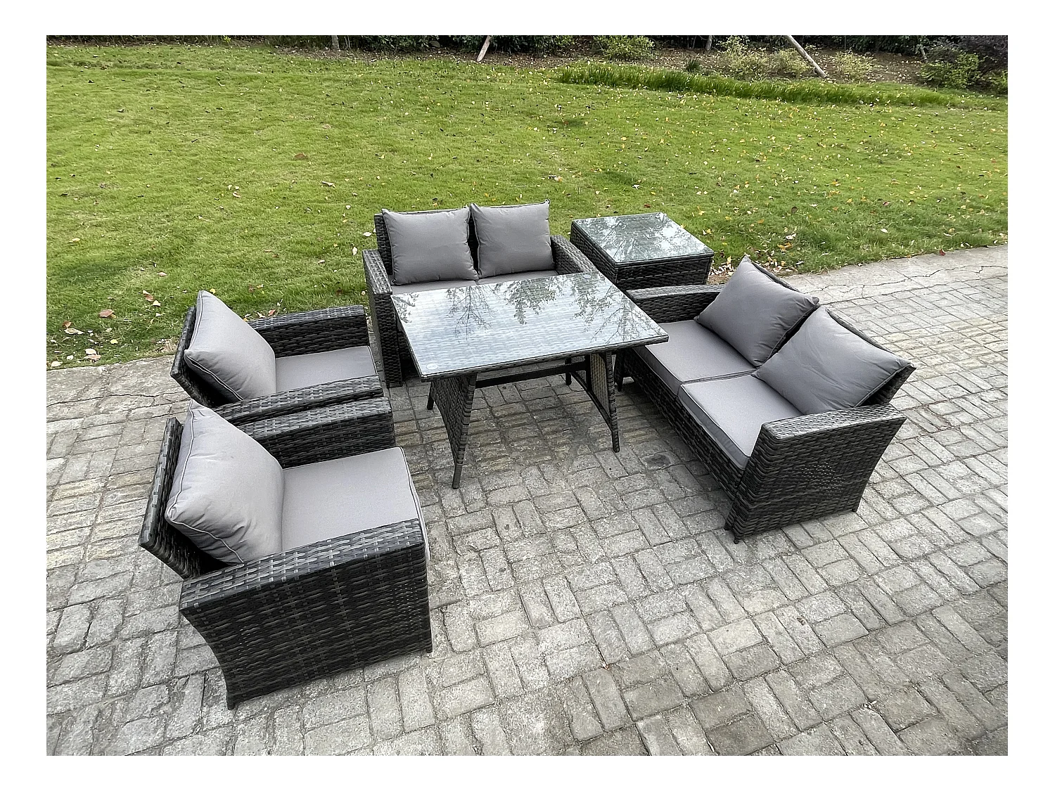 Polyrattan Gartenmöbel Set 6-Sitzer Polyrattan Garten Sofa im Freien Set mit Rechteckiger Esstisch Loveseat Sofa Beistelltisch Dunkelgrau Gemischt