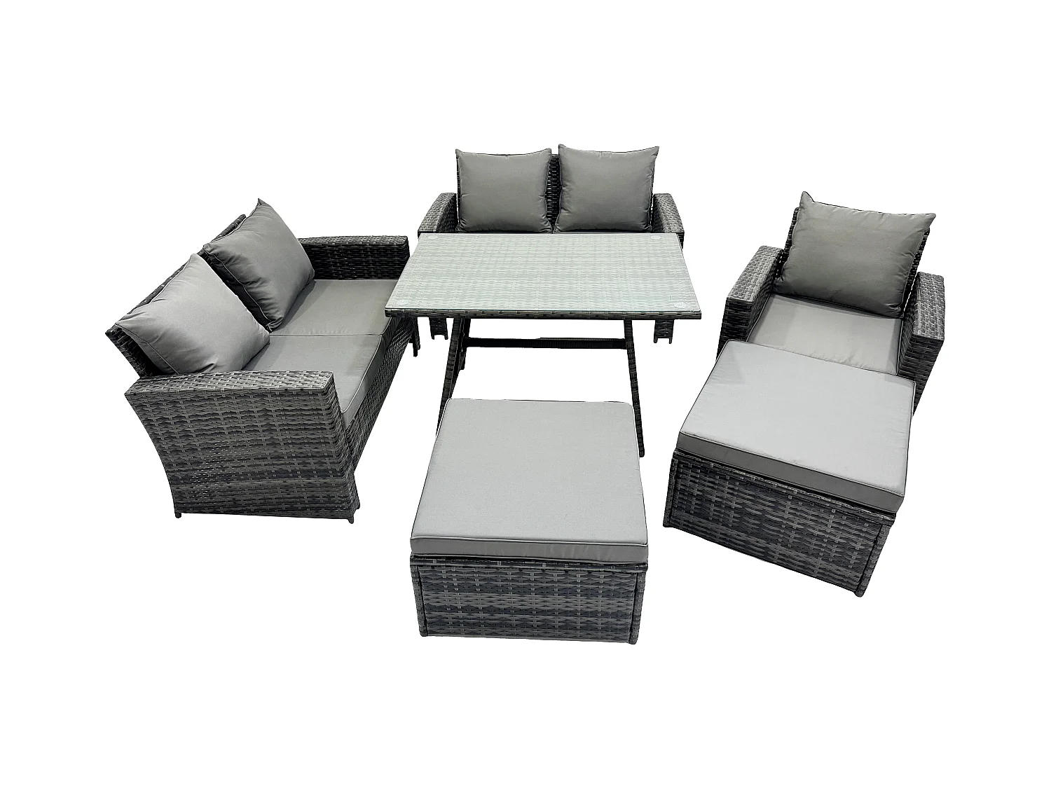 Garten Esstisch Set Polyrattan Outdoor Möbel Sofa mit Rechteckiger Esstisch Doppelsitz Sofa 2 hohen Hockern Sessel Dunkelgrau Gemischt