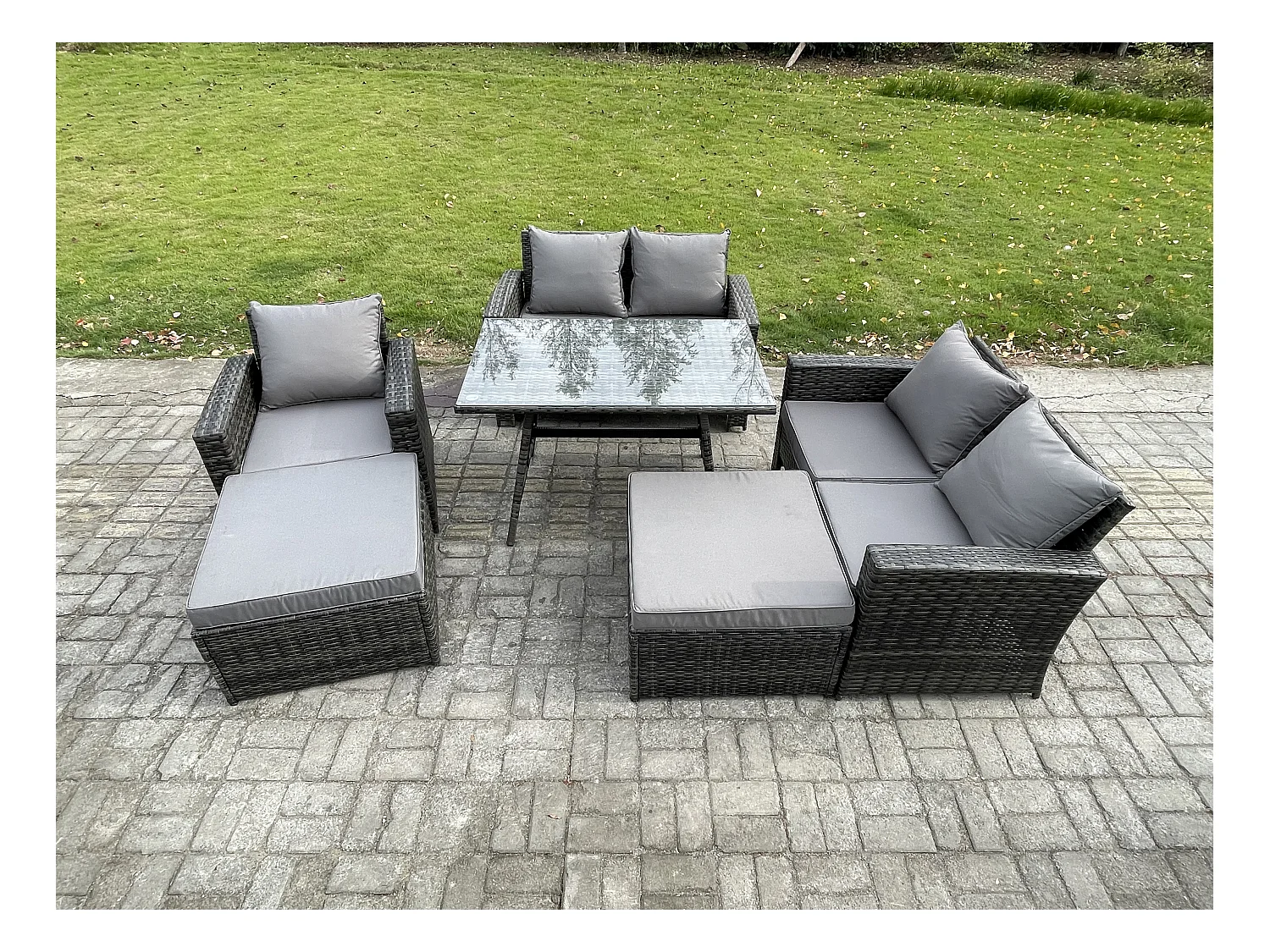 Garten Esstisch Set Polyrattan Outdoor Möbel Sofa mit Rechteckiger Esstisch Doppelsitz Sofa 2 hohen Hockern Sessel Dunkelgrau Gemischt