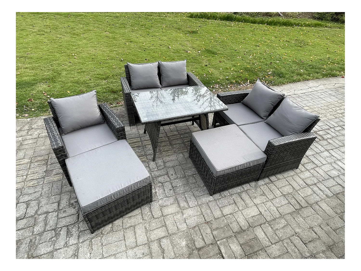 Garten Esstisch Set Polyrattan Outdoor Möbel Sofa mit Rechteckiger Esstisch Doppelsitz Sofa 2 hohen Hockern Sessel Dunkelgrau Gemischt