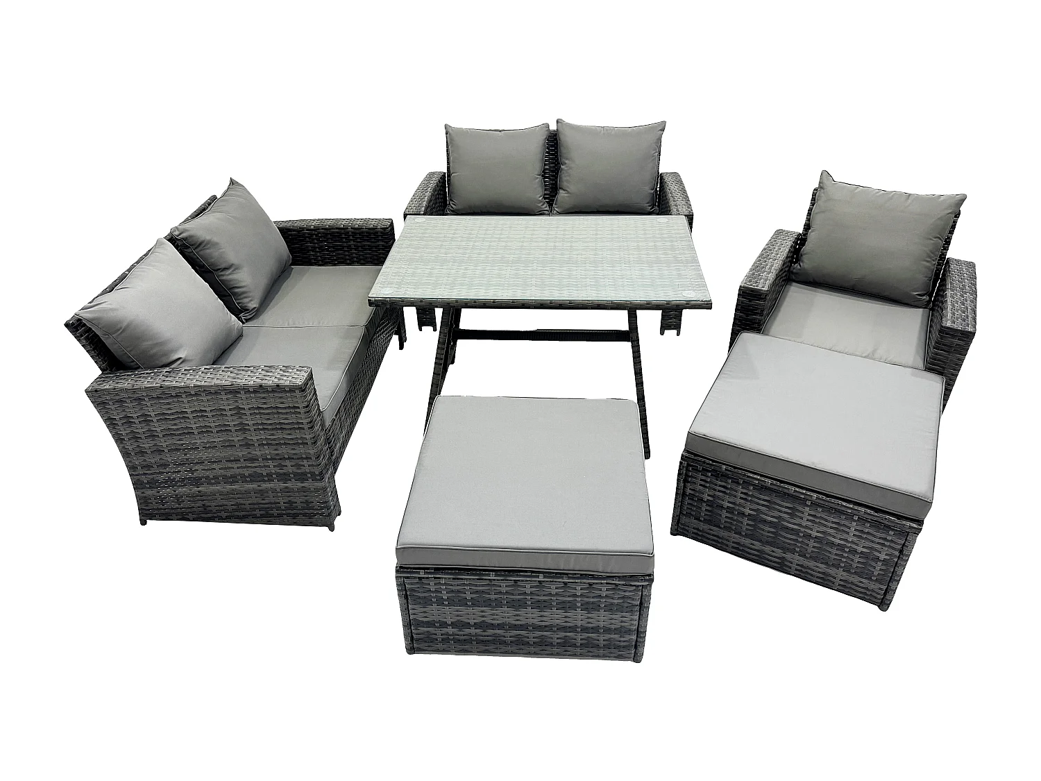 Garten Esstisch Set Polyrattan Outdoor Möbel Sofa mit Rechteckiger Esstisch Doppelsitz Sofa 2 hohen Hockern Sessel Dunkelgrau Gemischt