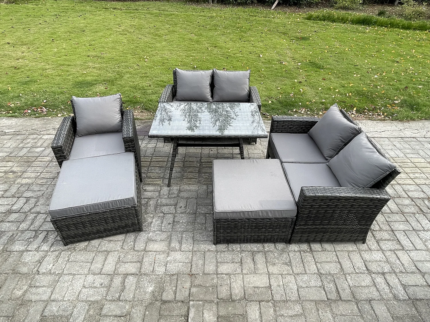 Garten Esstisch Set Polyrattan Outdoor Möbel Sofa mit Rechteckiger Esstisch Doppelsitz Sofa 2 hohen Hockern Sessel Dunkelgrau Gemischt
