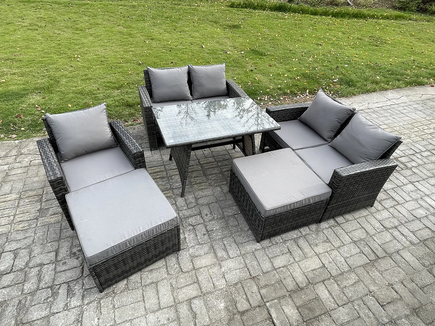 Garten Esstisch Set Polyrattan Outdoor Möbel Sofa mit Rechteckiger Esstisch Doppelsitz Sofa 2 hohen Hockern Sessel Dunkelgrau Gemischt
