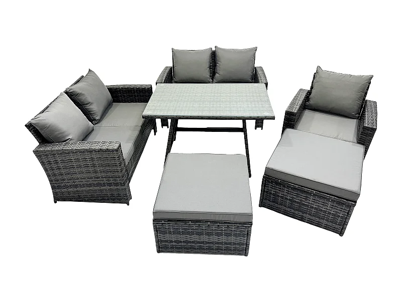 Garten Esstisch Set Polyrattan Outdoor Möbel Sofa mit Rechteckiger Esstisch Doppelsitz Sofa 2 hohen Hockern Sessel Dunkelgrau Gemischt