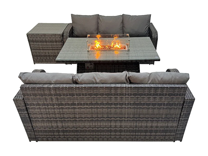 Polyrattan Gartenmöbel Set mit Gasfeuerstelle Esstisch 4 Stücke Dunkelgrau Gemischt