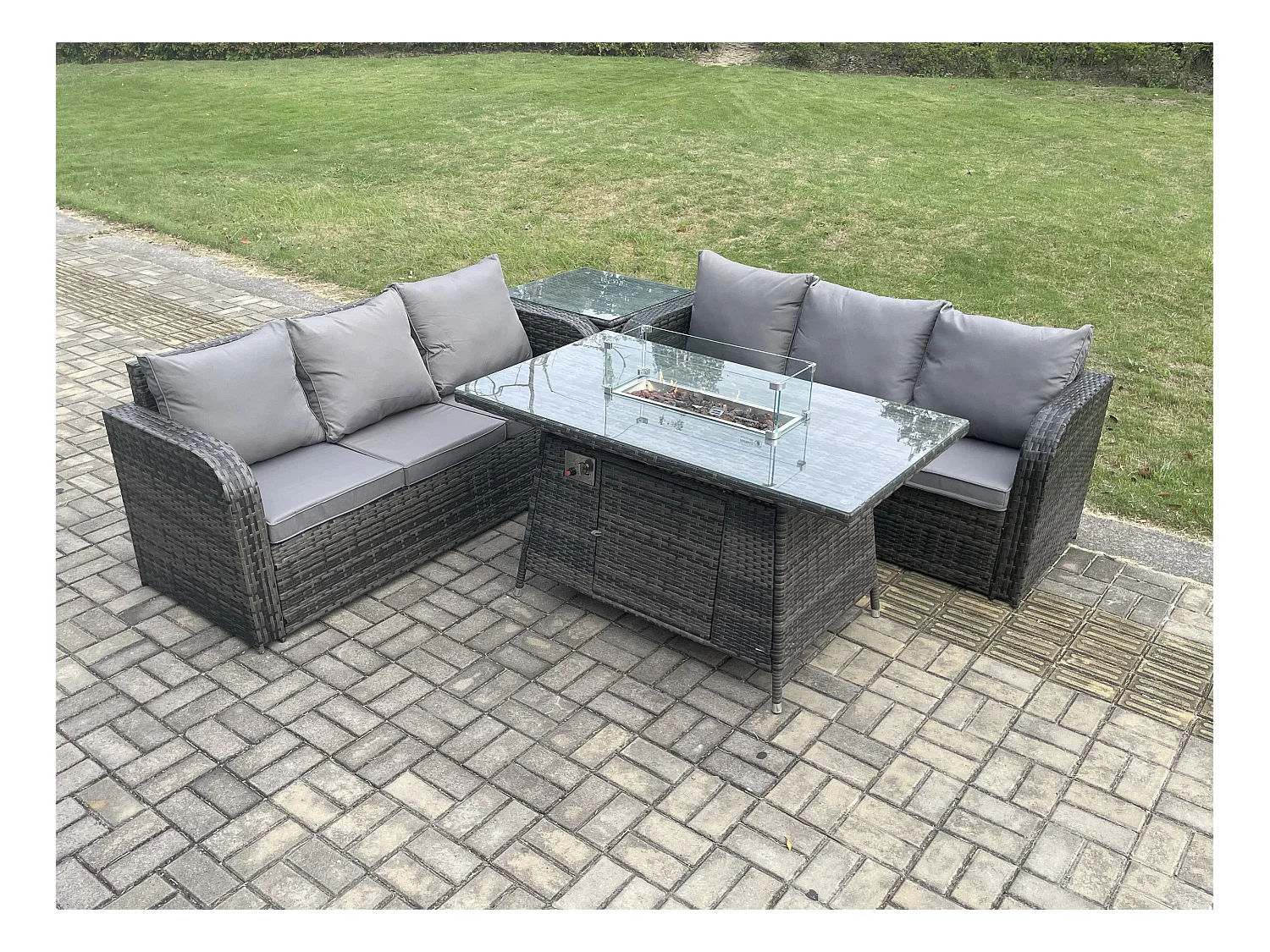 Polyrattan Gartenmöbel Set mit Gasfeuerstelle Esstisch 4 Stücke Dunkelgrau Gemischt