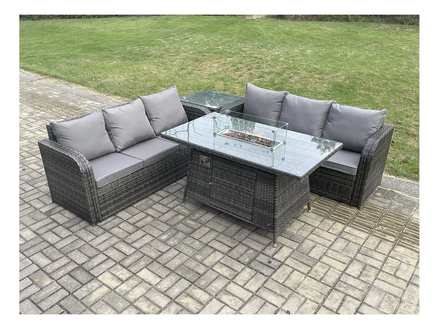 Polyrattan Gartenmöbel Set mit Gasfeuerstelle Esstisch 4 Stücke Dunkelgrau Gemischt