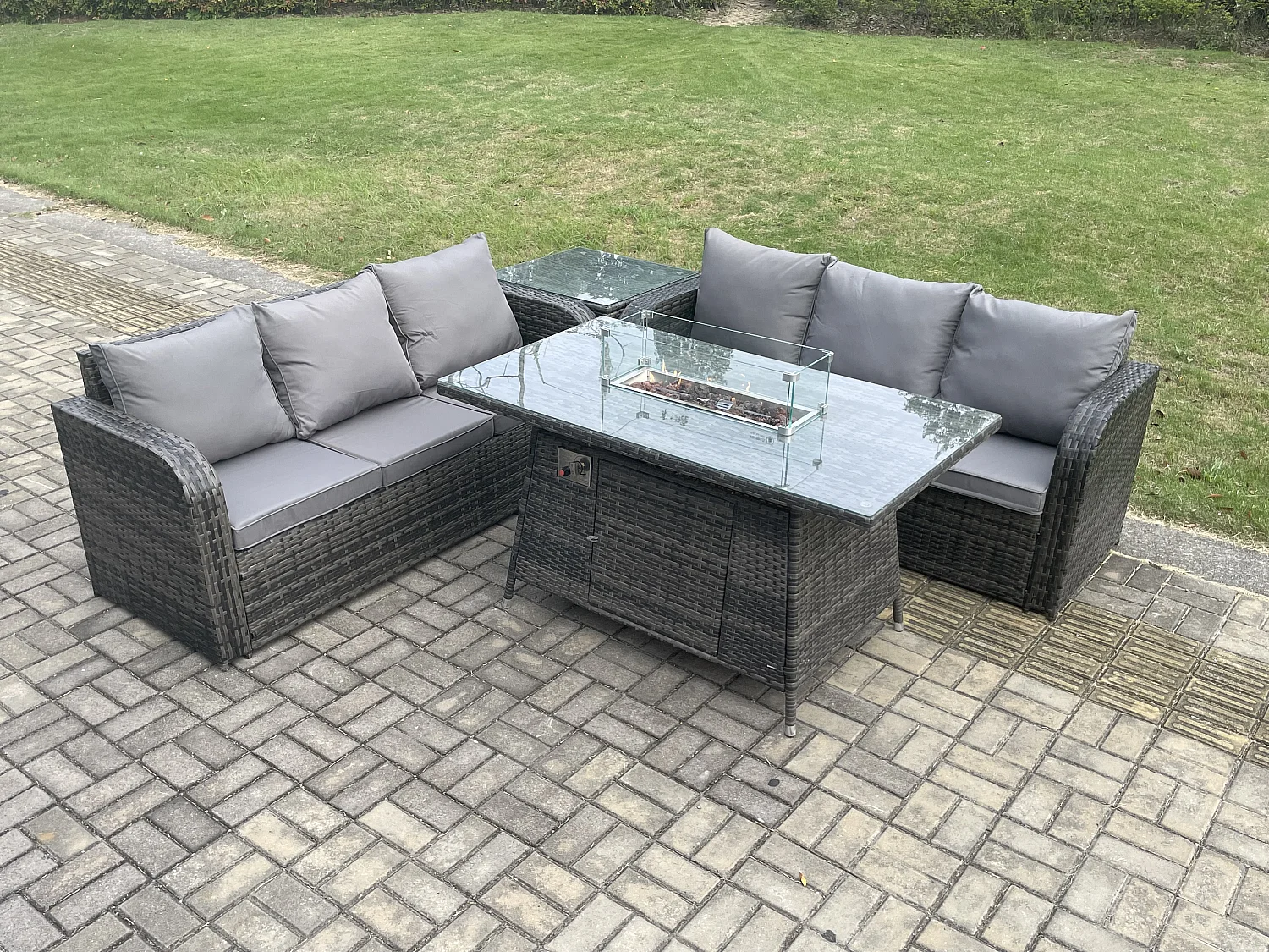 Salon de jardin avec Table de foyer à gaz 4 Pièces Canapé Lounge Set Gris foncé mixte