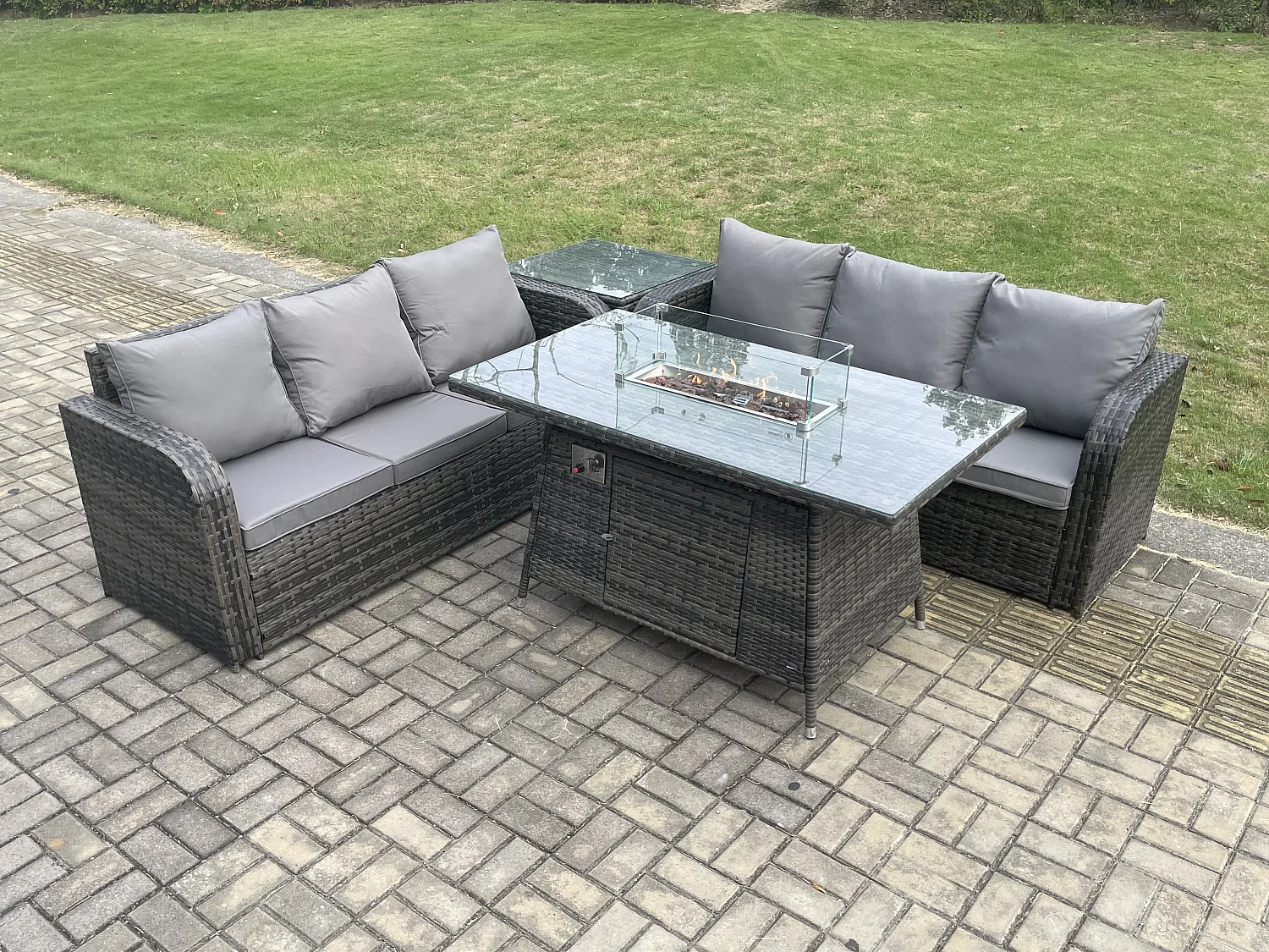 Salon de jardin avec Table de foyer à gaz 4 Pièces Canapé Lounge Set Gris foncé mixte