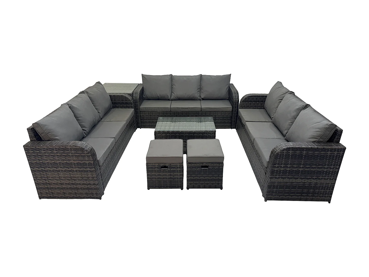 Rattan Lounge Sofa Set 11-Sitzer Gartenmöbel-Set mit Rechteckiger Couchtisch 3-Sitzer Sofa Beistelltisch 2 kleine Fußhockern Dunkelgrau Gemischt