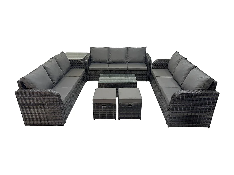 Rattan Lounge Sofa Set 11-Sitzer Gartenmöbel-Set mit Rechteckiger Couchtisch 3-Sitzer Sofa Beistelltisch 2 kleine Fußhockern Dunkelgrau Gemischt