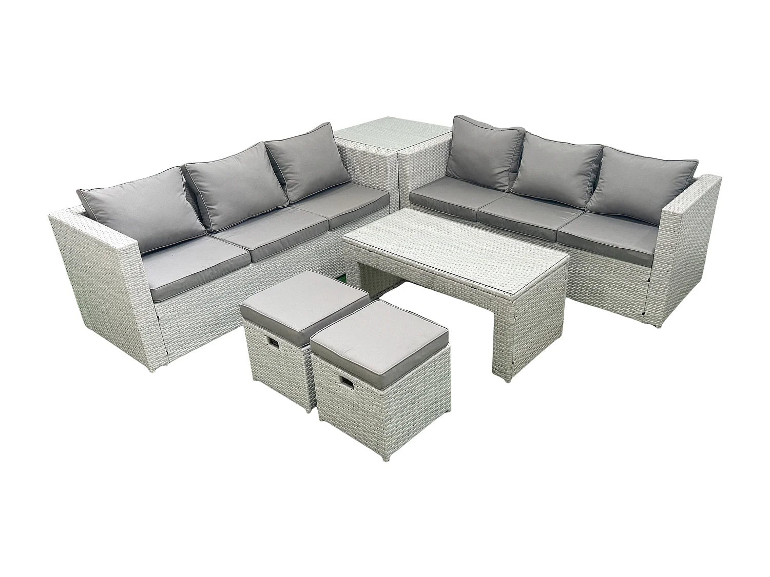 8 places Salon de Jardin Extérieur Canapé de jardin en rotin Table basse oblongue avec 2 Petit pouf Table d'appoint Gris clair mixte