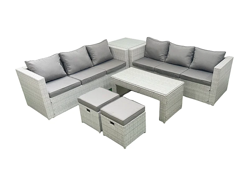 8 places Salon de Jardin Extérieur Canapé de jardin en rotin Table basse oblongue avec 2 Petit pouf Table d'appoint Gris clair mixte