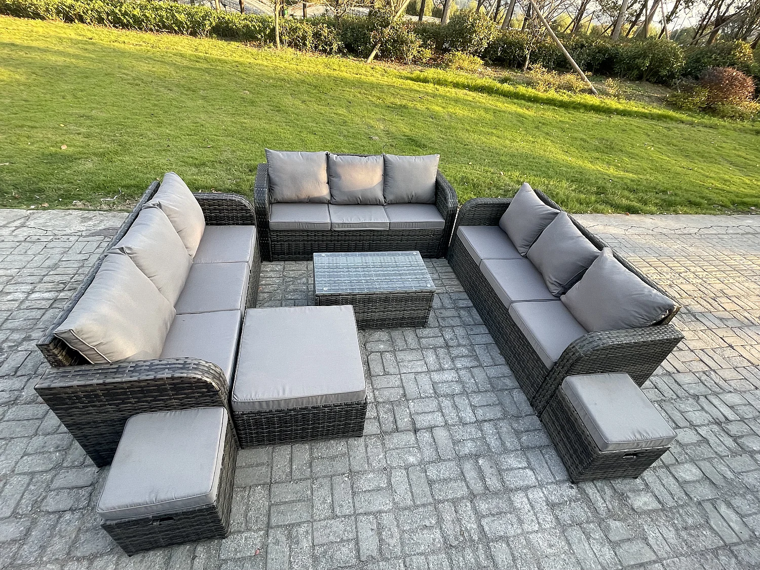 Ensemble de canapés en rotin 12 places salon de jardin avec Table basse rectangulaire Canapé 3 places 3 Tabourets Gris foncé mixte