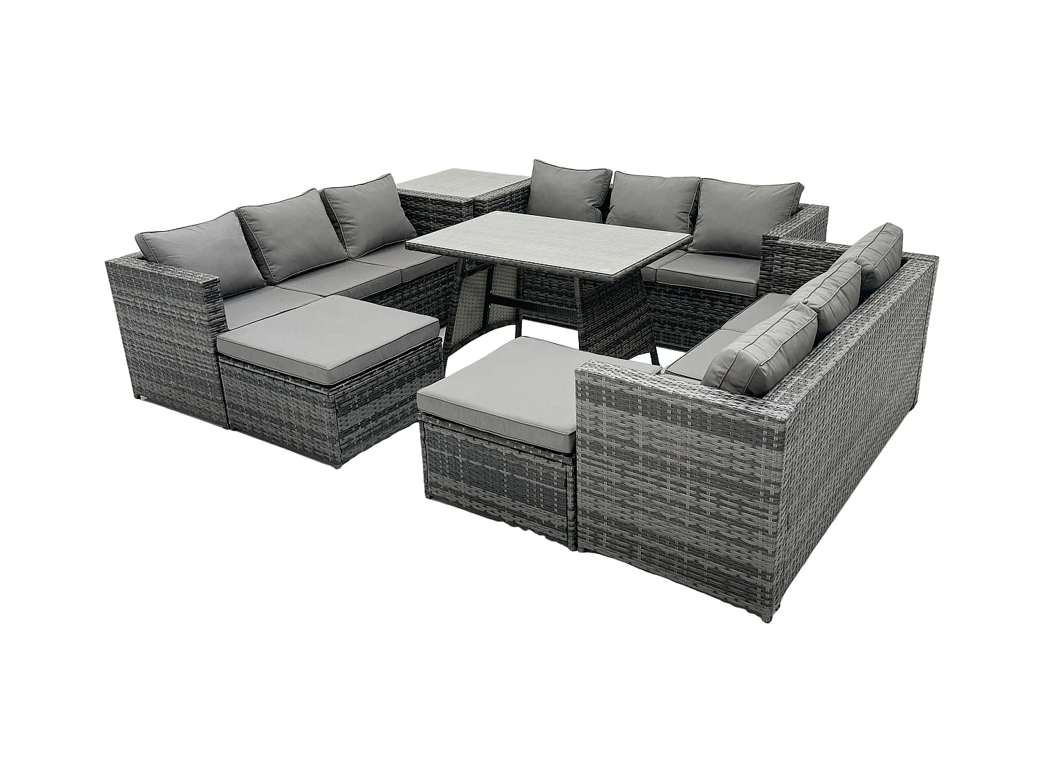 11-Sitzer Rattan Gartenmöbel Set im Balkon Lounge Sofa Garten Esstisch Set mit Beistelltisch 2 hohen Hockern Dunkelgrau Gemischt