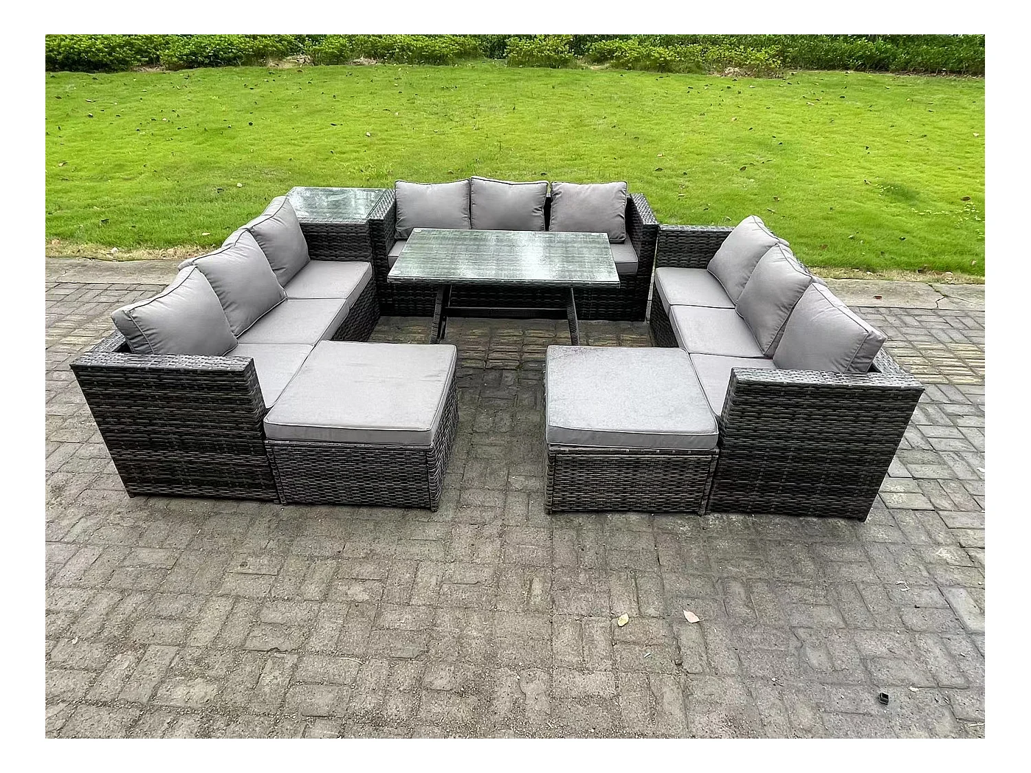 11-Sitzer Rattan Gartenmöbel Set im Balkon Lounge Sofa Garten Esstisch Set mit Beistelltisch 2 hohen Hockern Dunkelgrau Gemischt