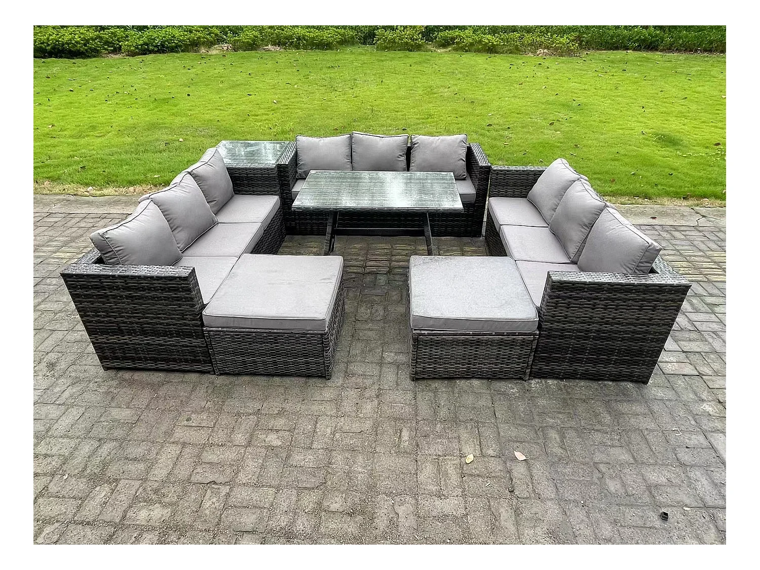 11-Sitzer Rattan Gartenmöbel Set im Balkon Lounge Sofa Garten Esstisch Set mit Beistelltisch 2 hohen Hockern Dunkelgrau Gemischt