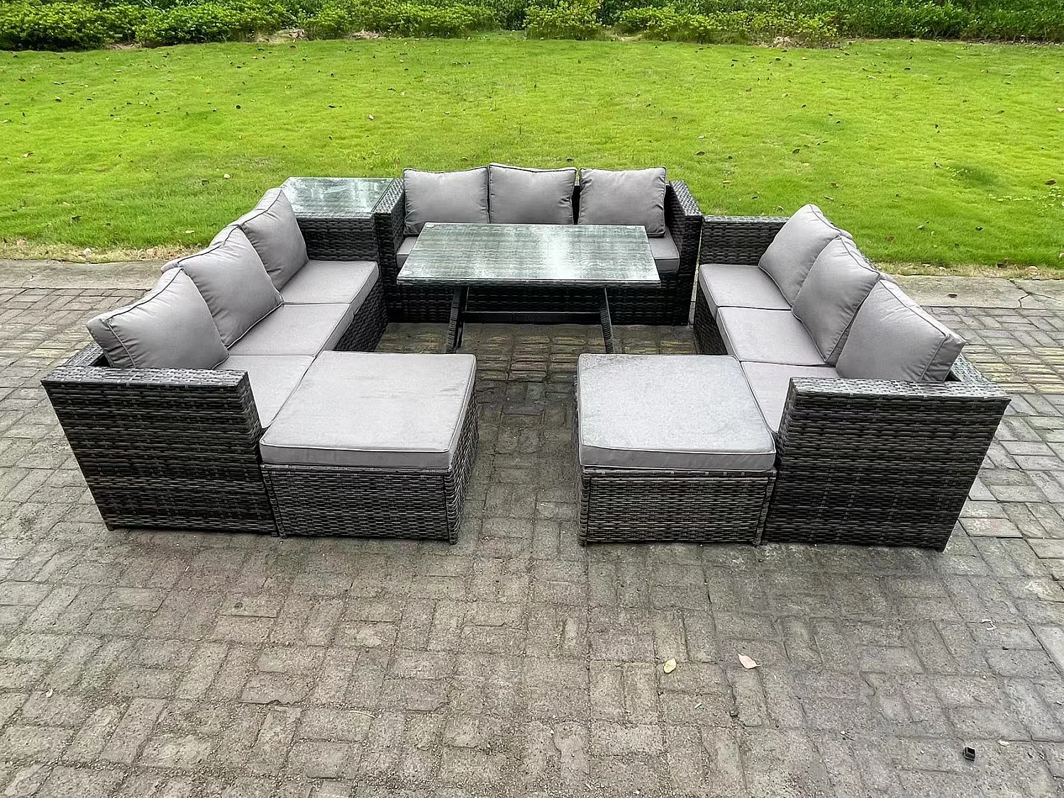 11 places Ensemble de canapé en rotin extérieur avec Table à manger Table d'appoint 2 Grand tabourets Gris foncé mixte