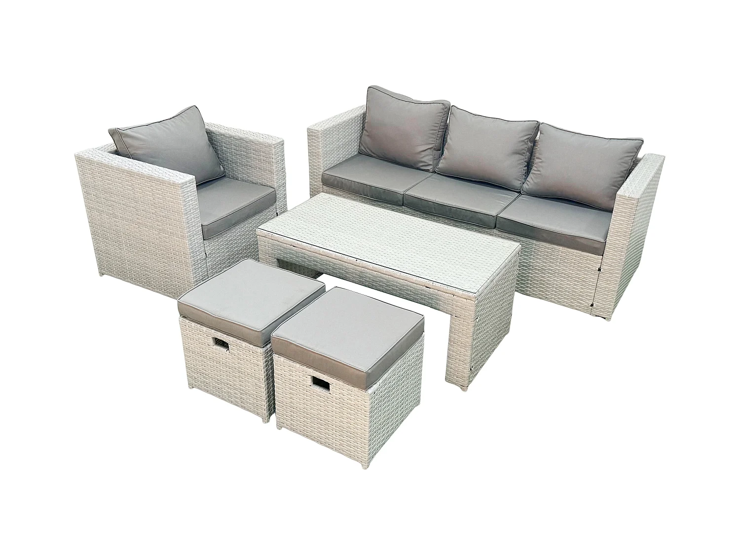 Polyrattan Gartenmöbel Set 5 Stücke Outdoor Garten Sofa Rechteckiger Couchtisch Set mit Sessel 2 kleine Fußhockern Hellgrau gemischt