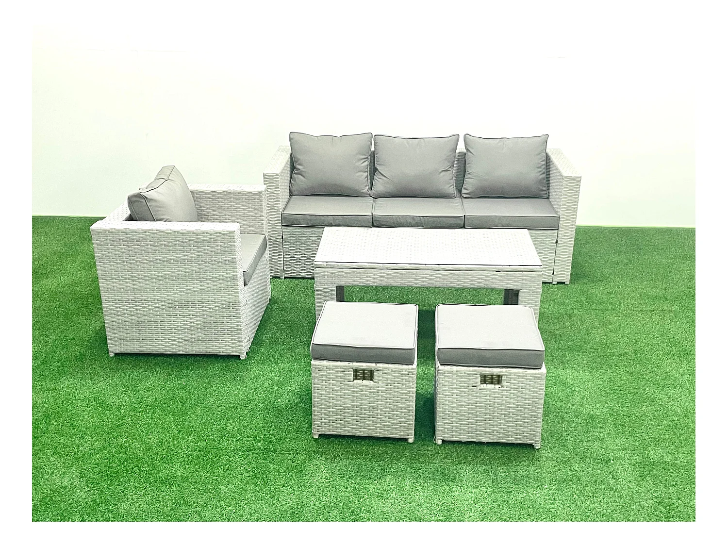 Polyrattan Gartenmöbel Set 5 Stücke Outdoor Garten Sofa Rechteckiger Couchtisch Set mit Sessel 2 kleine Fußhockern Hellgrau gemischt