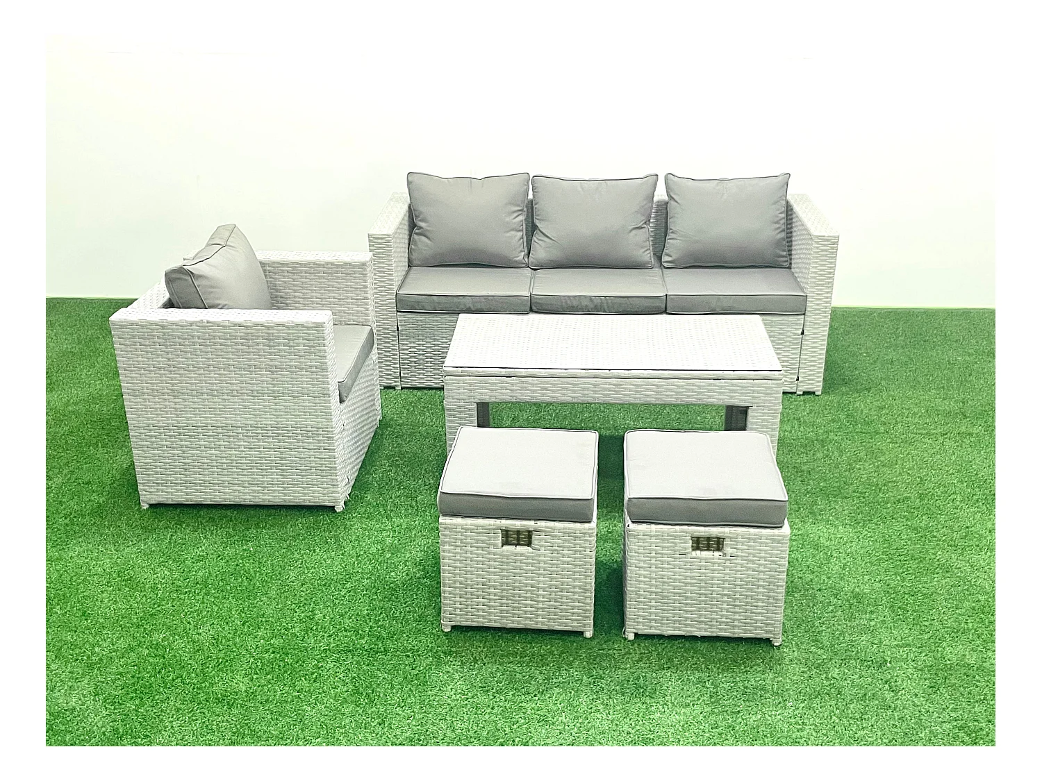 Polyrattan Gartenmöbel Set 5 Stücke Outdoor Garten Sofa Rechteckiger Couchtisch Set mit Sessel 2 kleine Fußhockern Hellgrau gemischt