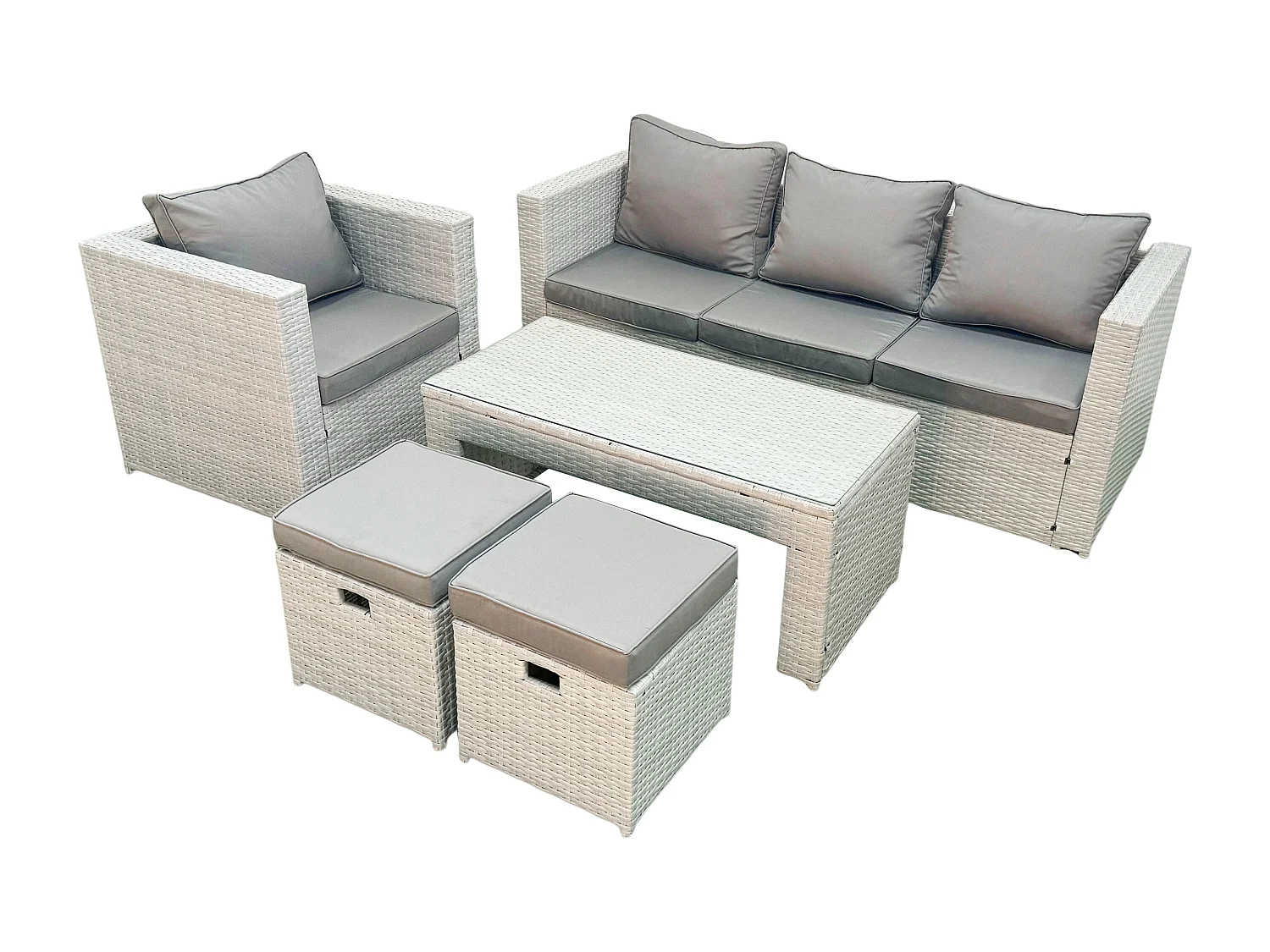 Salon de jardin 5 Pièces Canapé de jardin Table basse oblongue avec Fauteuil 2 Petits tabourets Gris clair mixte