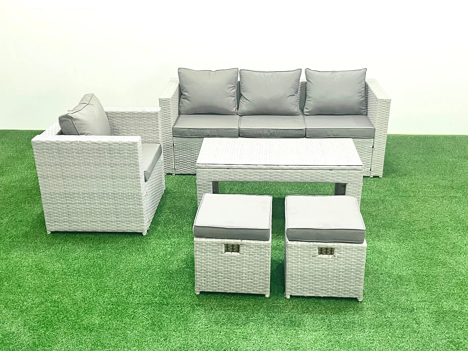 Salon de jardin 5 Pièces Canapé de jardin Table basse oblongue avec Fauteuil 2 Petits tabourets Gris clair mixte