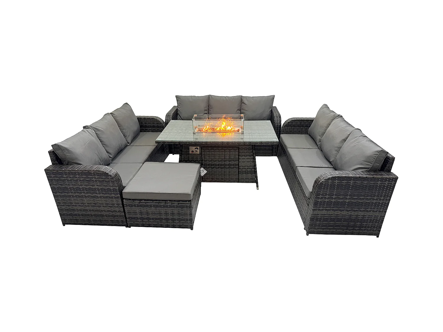 Polyrattan Gartenmöbel Set Gasfeuerstelle Esstisch Set mit 3-Sitzer Sofa Fußhocker Dunkelgrau Gemischt
