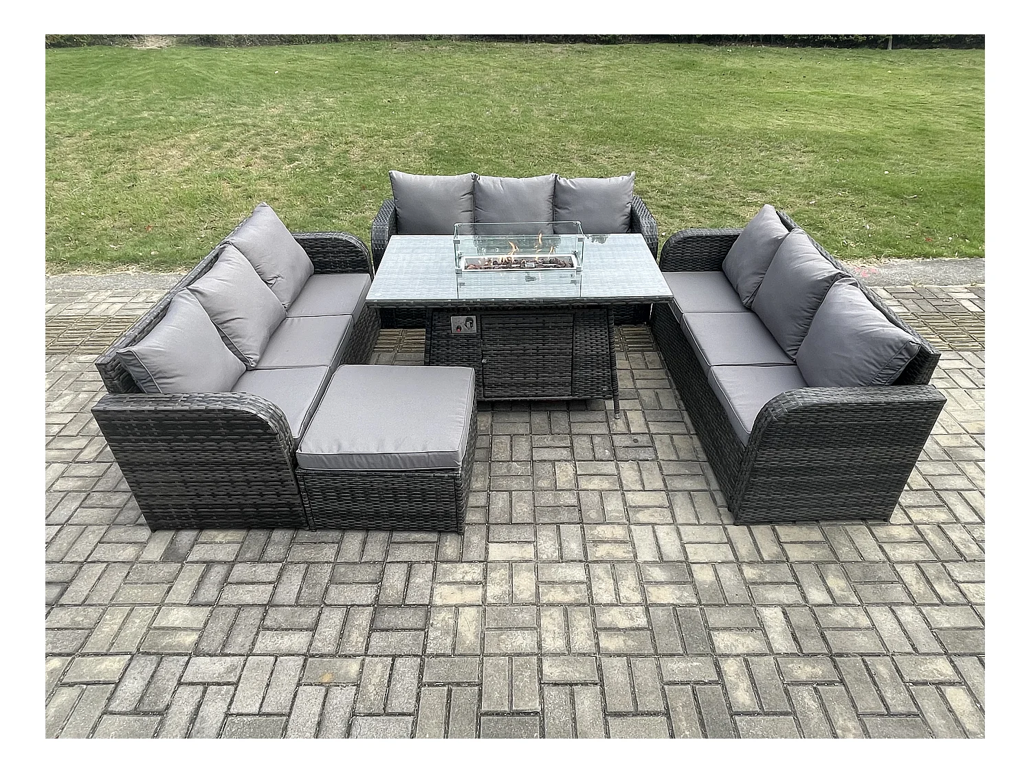Polyrattan Gartenmöbel Set Gasfeuerstelle Esstisch Set mit 3-Sitzer Sofa Fußhocker Dunkelgrau Gemischt