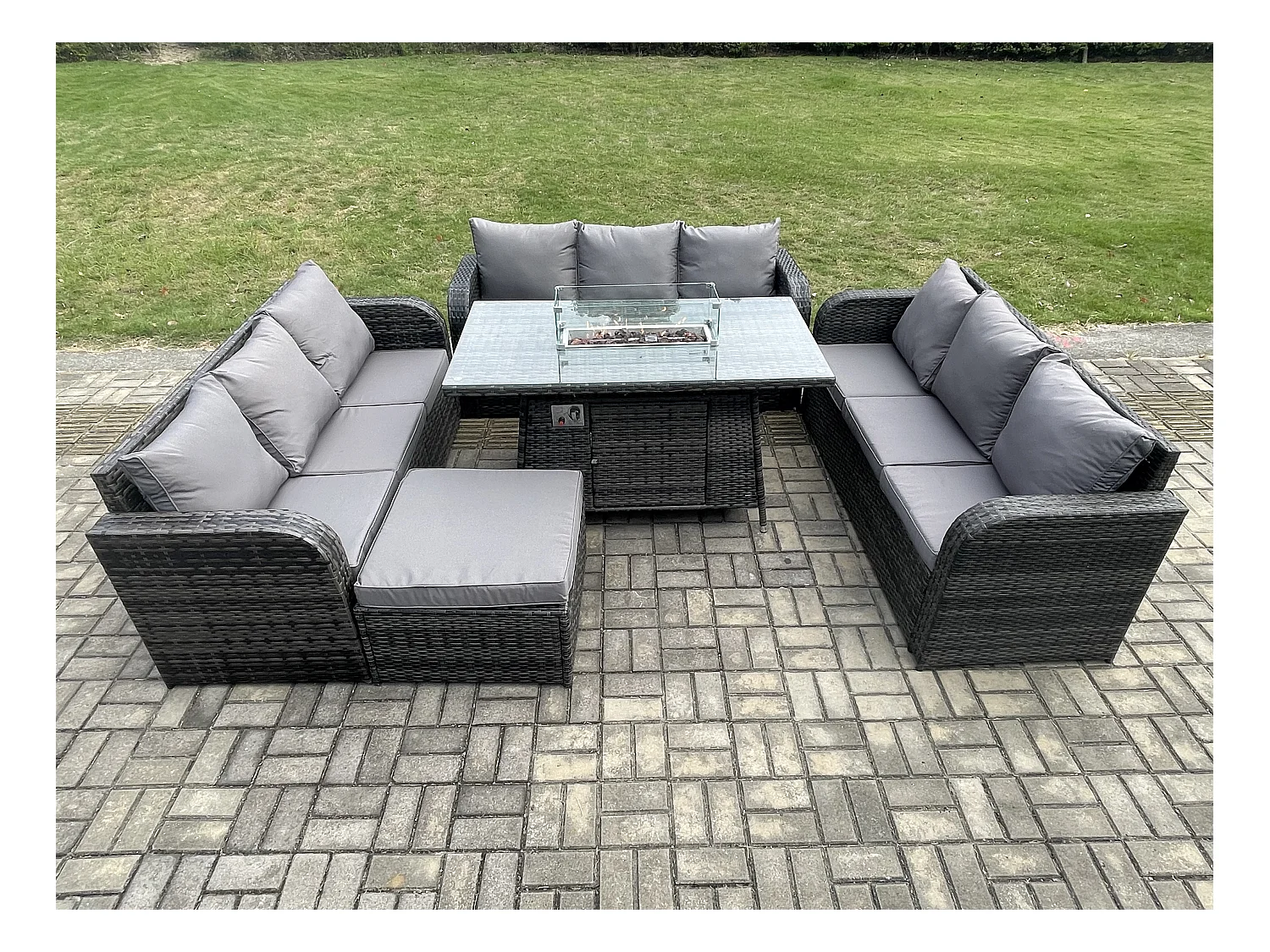 Polyrattan Gartenmöbel Set Gasfeuerstelle Esstisch Set mit 3-Sitzer Sofa Fußhocker Dunkelgrau Gemischt