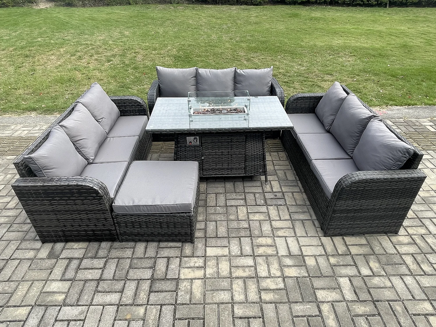 Salon de Jardin en Résine Ensemble Repas de Jardin Exterieur Table de foyer à gaz avec Canapé 3 places Tabouret Gris foncé mixte