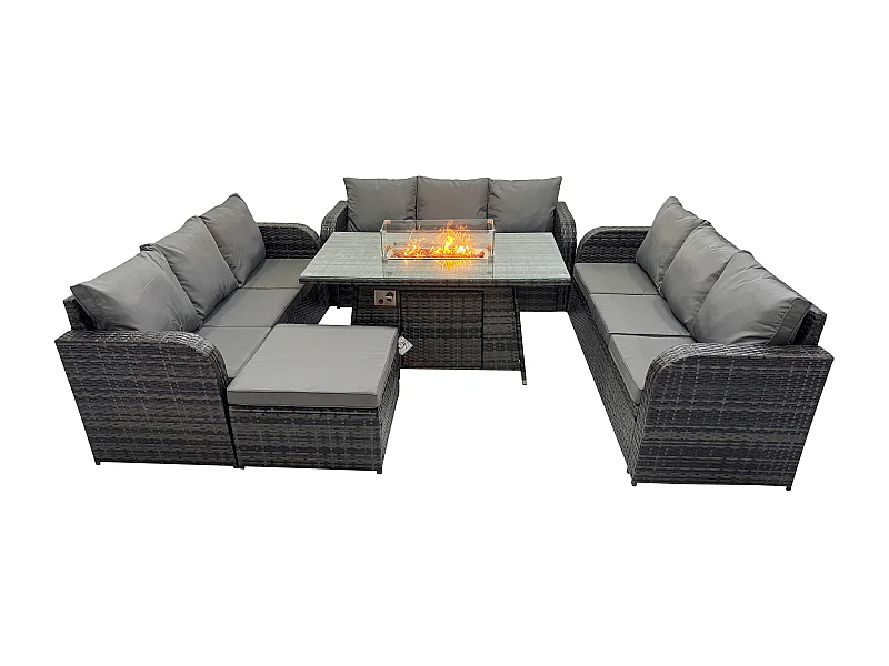 Salon de Jardin en Résine Ensemble Repas de Jardin Exterieur Table de foyer à gaz avec Canapé 3 places Tabouret Gris foncé mixte