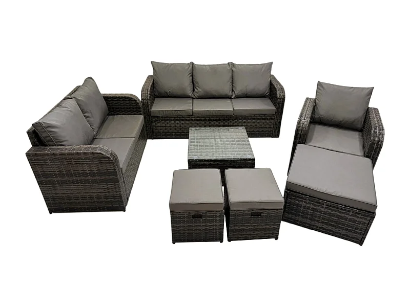 Rattan-Gartenmöbel 7 Stück Terrassenset mit Tisch und Sofa Quadratischer Couchtisch Liegestühle Loveseat Sofa 3-Sitzer Sofa 3 Hockern