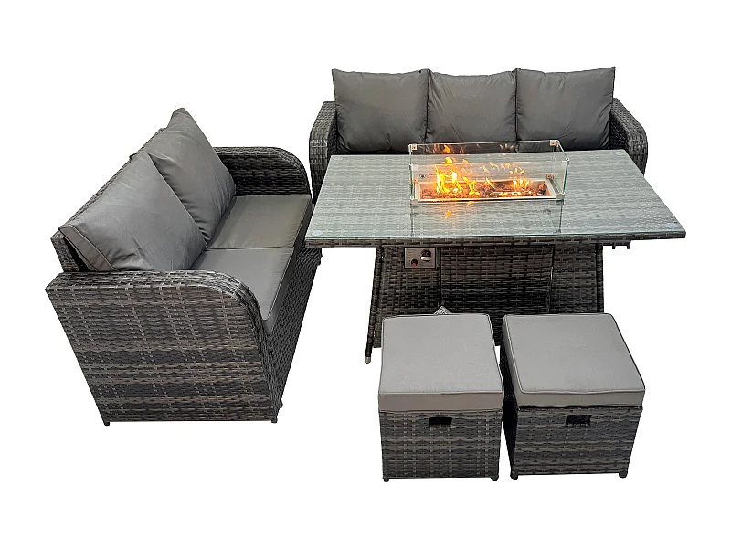 Polyrattan Gartenmöbelset Gasfeuerstelle Esstisch und Sofa set mit 2 kleine Fußhockern