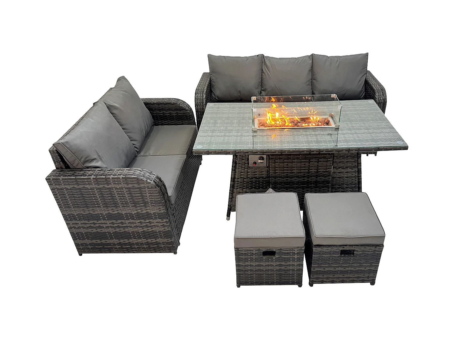 Polyrattan Gartenmöbelset Gasfeuerstelle Esstisch und Sofa set mit 2 kleine Fußhockern
