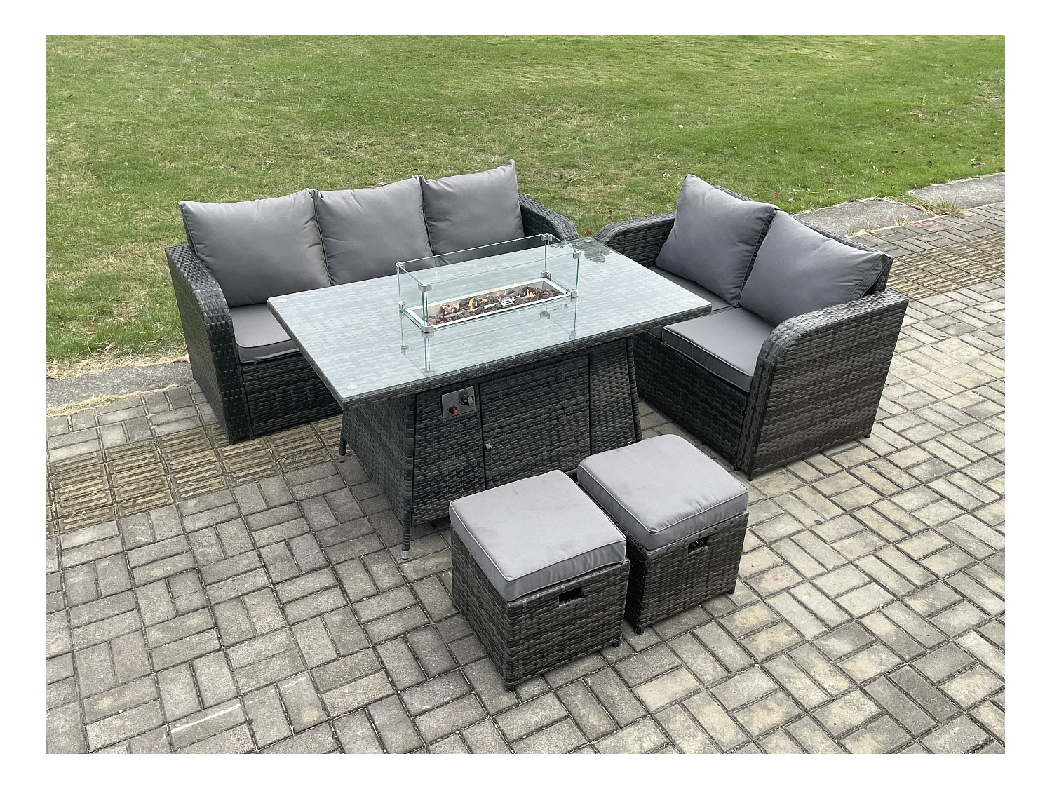 Polyrattan Gartenmöbelset Gasfeuerstelle Esstisch und Sofa set mit 2 kleine Fußhockern