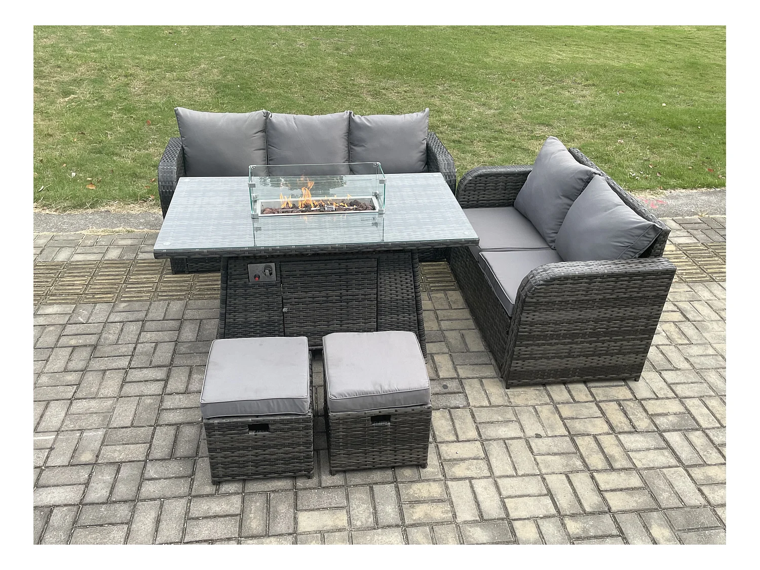 Polyrattan Gartenmöbelset Gasfeuerstelle Esstisch und Sofa set mit 2 kleine Fußhockern