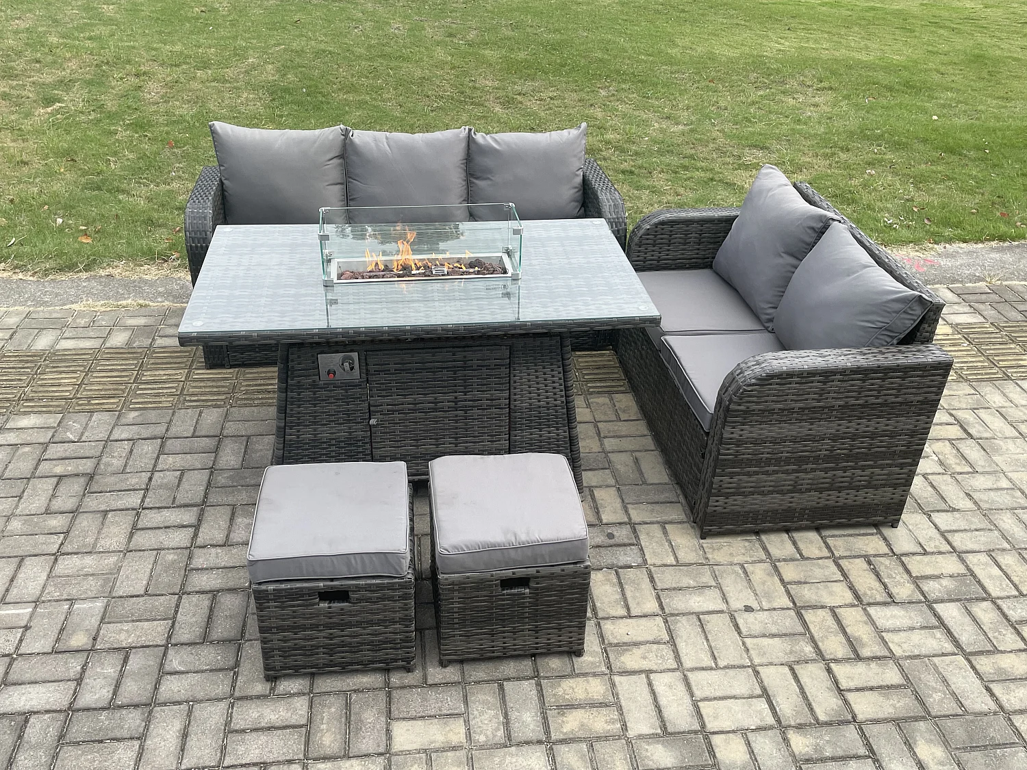 Salon de jardin exterieur Table de foyer à gaz et Canapé avec 2 Petits tabourets