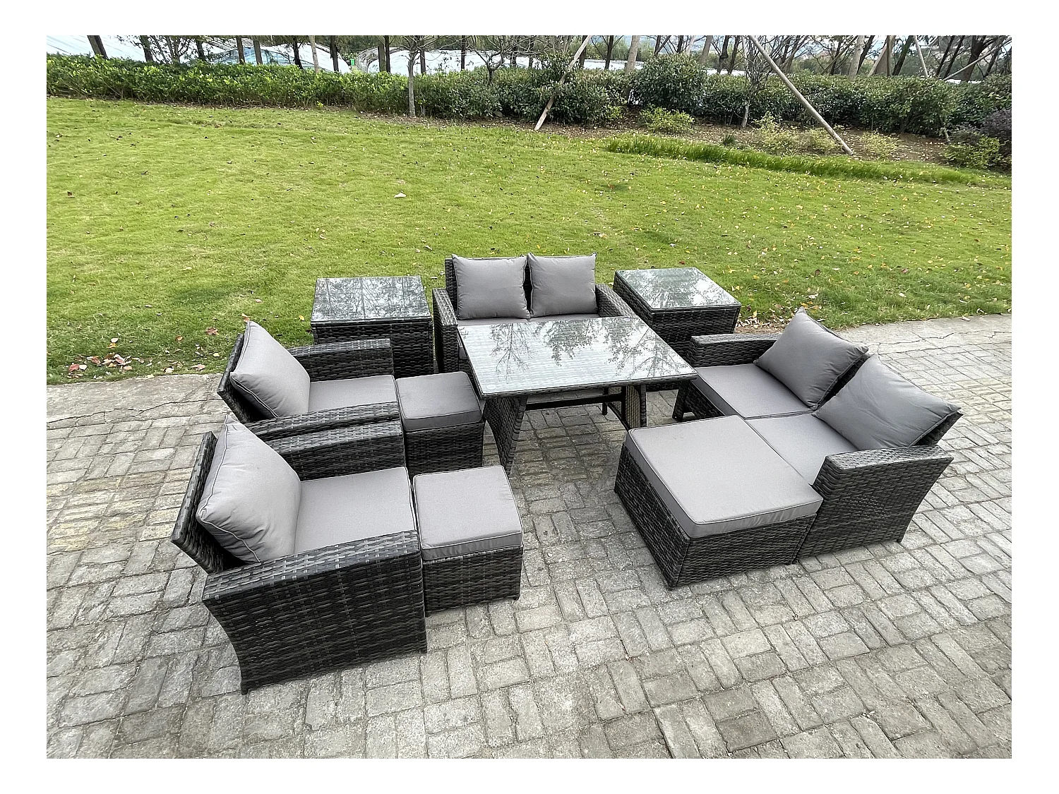 Gartenmöbelset 10 Stücke Polyrattan Garten Sofa im Freien mit 3 Hockern 2 Beistelltischen Dunkelgrau Gemischt