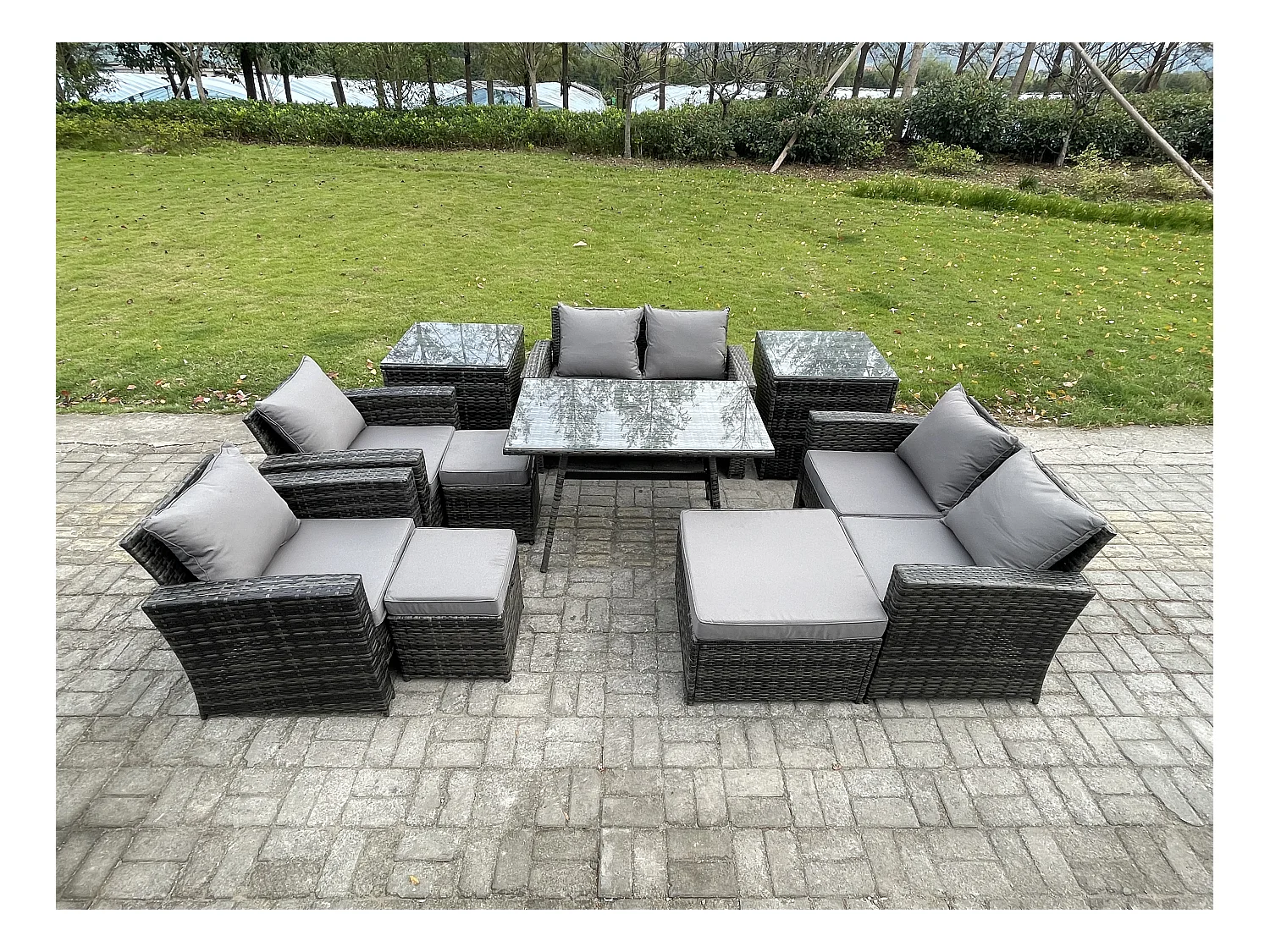 Gartenmöbelset 10 Stücke Polyrattan Garten Sofa im Freien mit 3 Hockern 2 Beistelltischen Dunkelgrau Gemischt