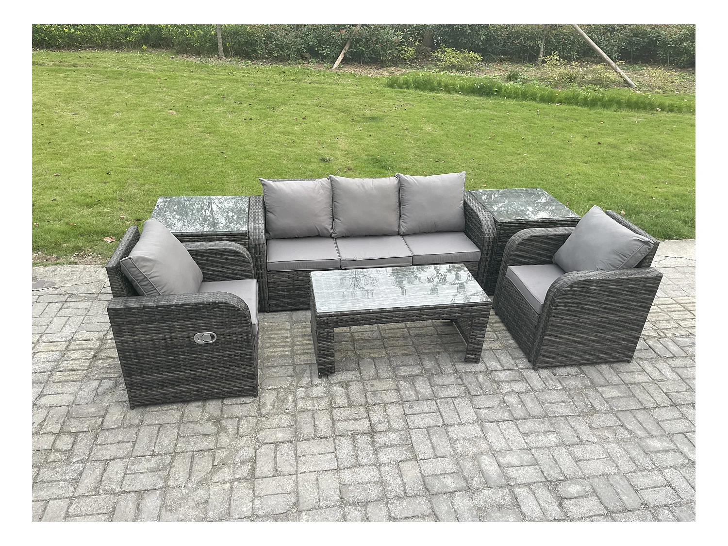 Polyrattan Gartenmöbel Set Garten Sofa im Freien Set mit Liegestühle Couchtisch 2 Beistelltischen Dunkelgrau Gemischt