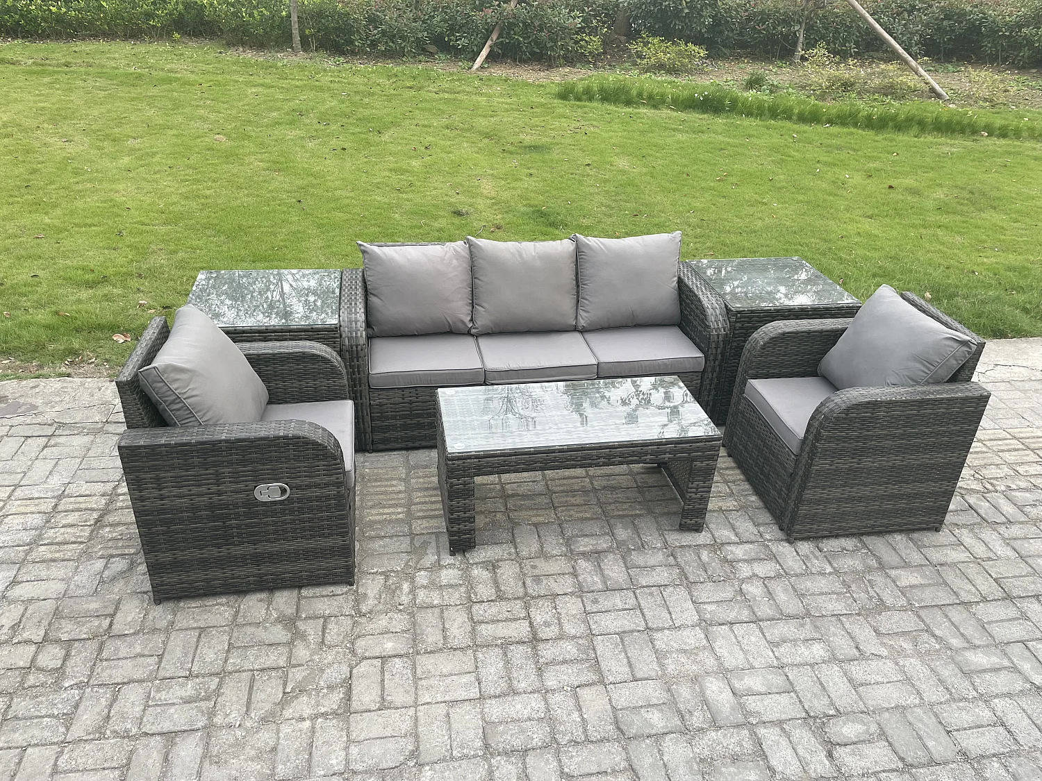 Salon de jardin Ensemble avec Chaise inclinable Table basse 2 Tables d'appoint Gris foncé mixte