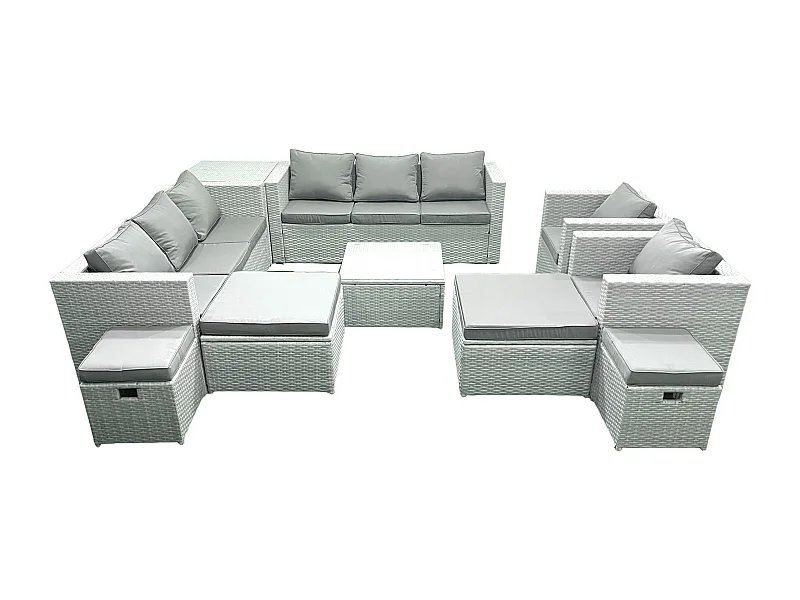 Salon de Jardin Exterieur en Résine 12 places avec Canapé 4 Tabourets Table d'appoint Gris clair mixte